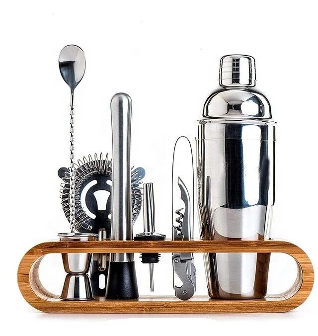 Профессиональная посуда, инструменты, деревянная подставка, сумка, подарок для путешествий, набор бармена из нержавеющей стали, аксессуары для бара, набор коктейльного шейкера