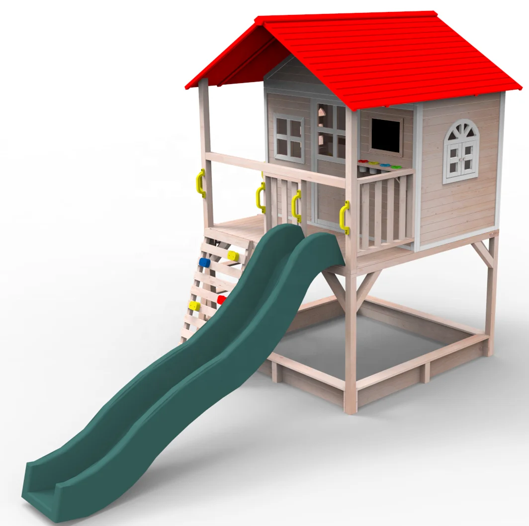 
Double-deck wooden playground set kids playhouse with slide and sandbox 