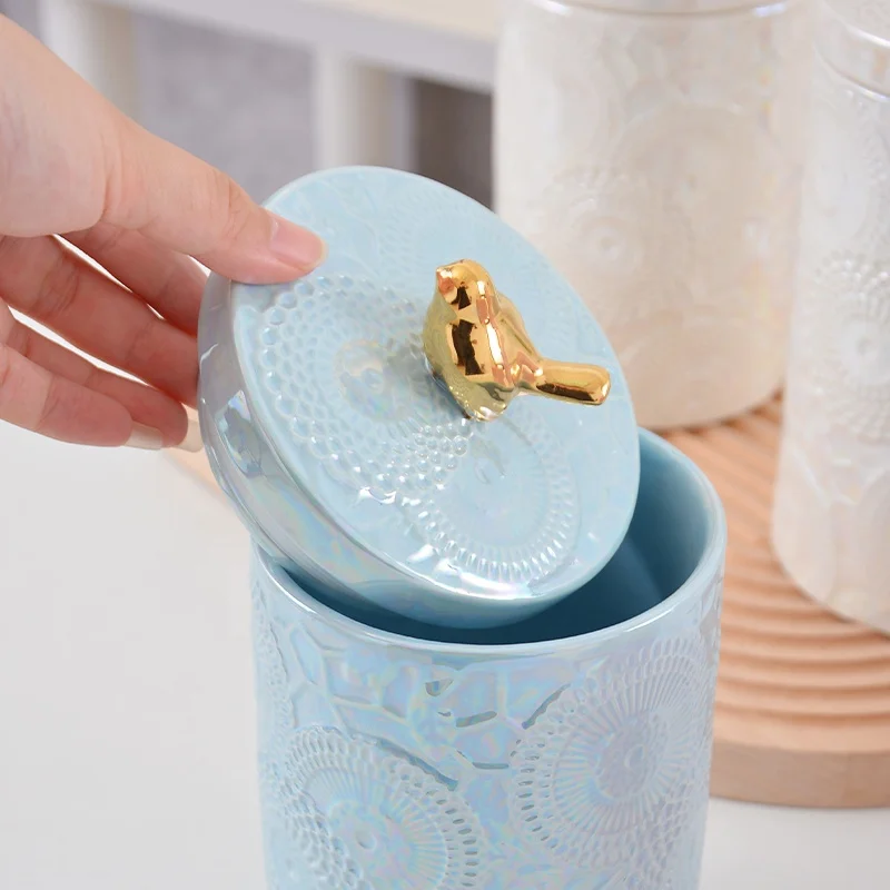 Modern Luxury Ceramic Food Storage Jar With Lid Carved Cylindrical Shape Stoneware Canister Set