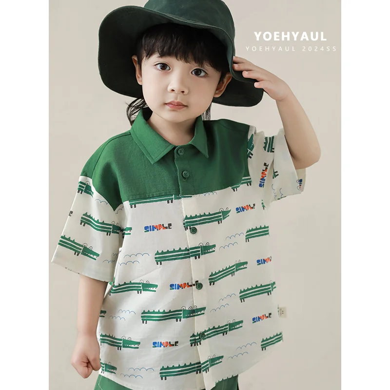 YOEHYAUL Boys 2024 New Short-Sleeved T-shirt Contrasting Shirt Loose Shorts Sleeveless Vest Crocodile Series Sets N4865 N4866