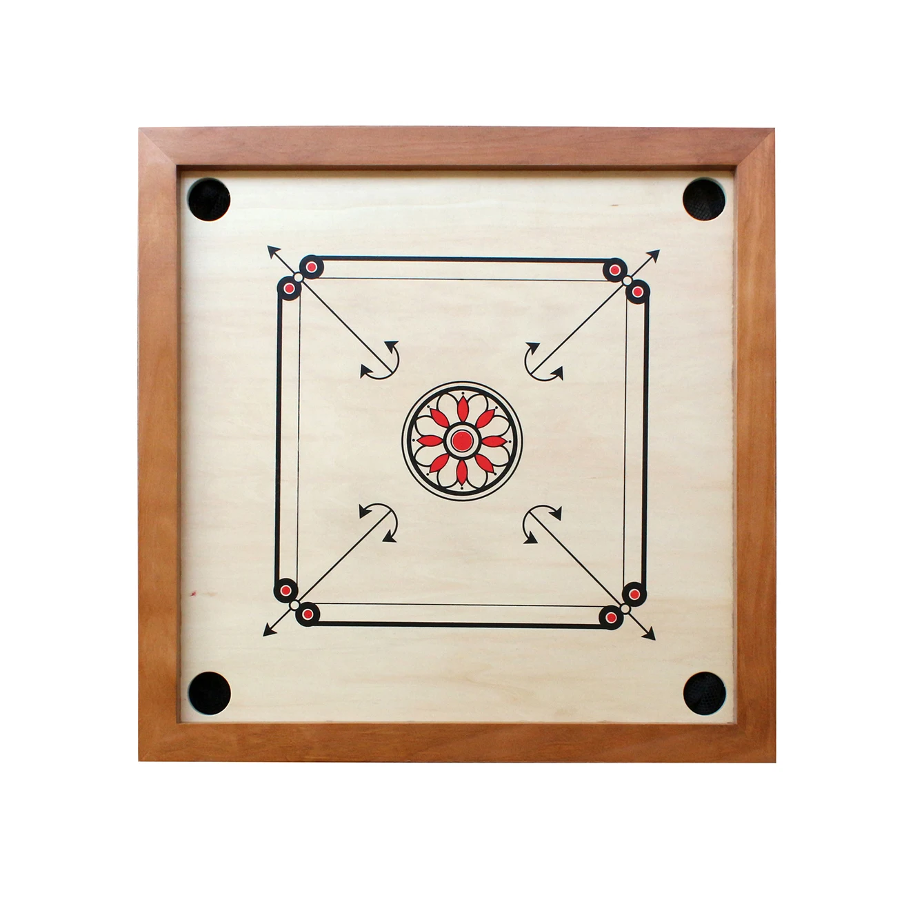 Wooden Carrom and Sling Puck in One Board 4-player game 26 x 26 Inch Strike and Pocket Game with Cue Sticks