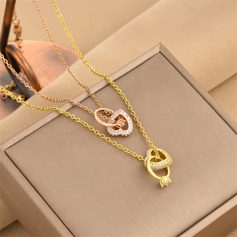 2022 Lady Titanium Steel Zirconia Heart Ring Diamond Pendant Necklaces for Women Wedding Jewelry Gift Wholesale