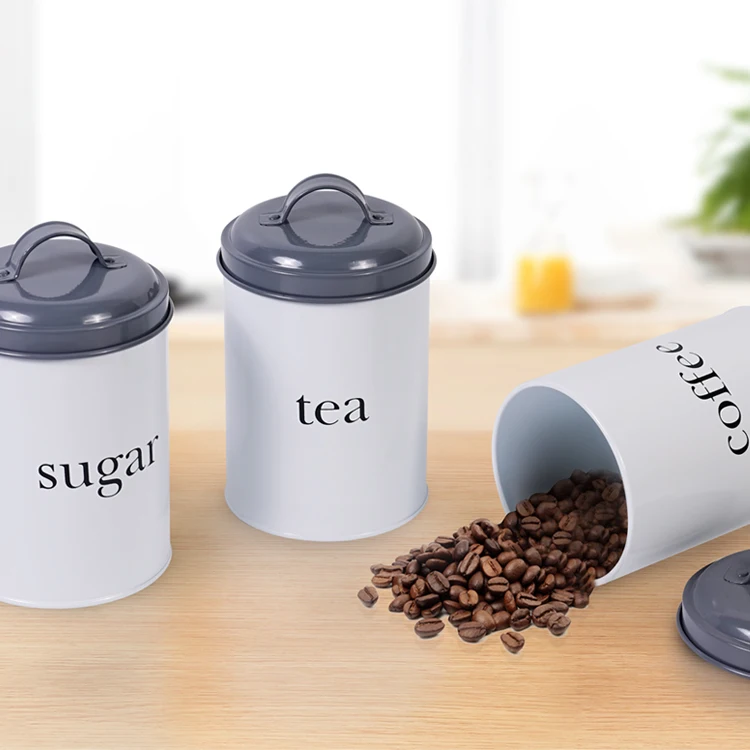 Round Shape Vintage Storage Jar Powder Coated Metal Case Kitchen Canister Tea Coffee Sugar Set of 3