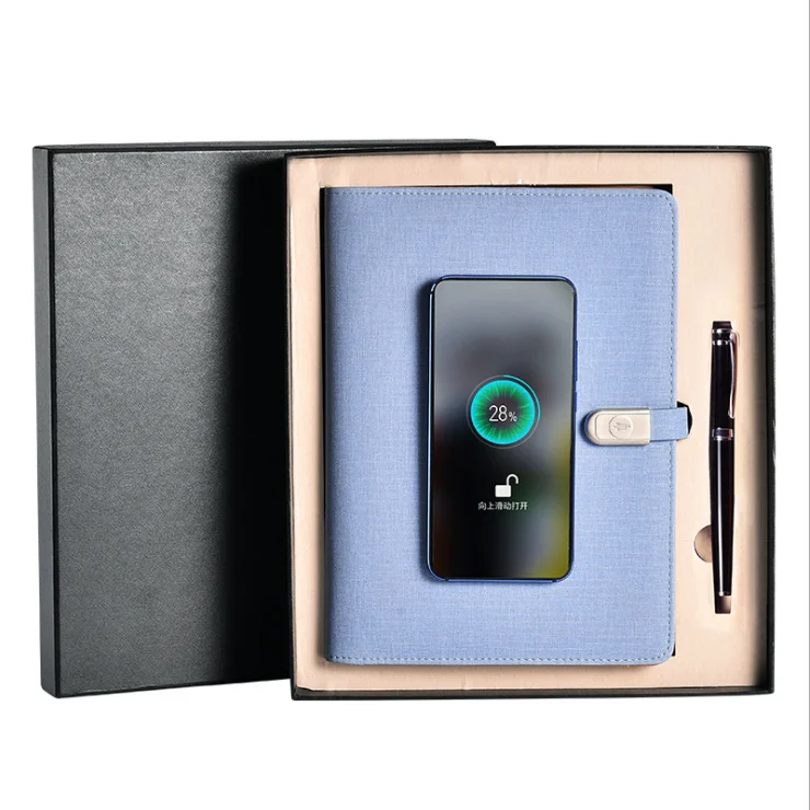 2022 New Multifunctional Charging Notebook Set Mobile Power Wireless Charging Notepad Set with Pen Customized A5 Leather 8000mah