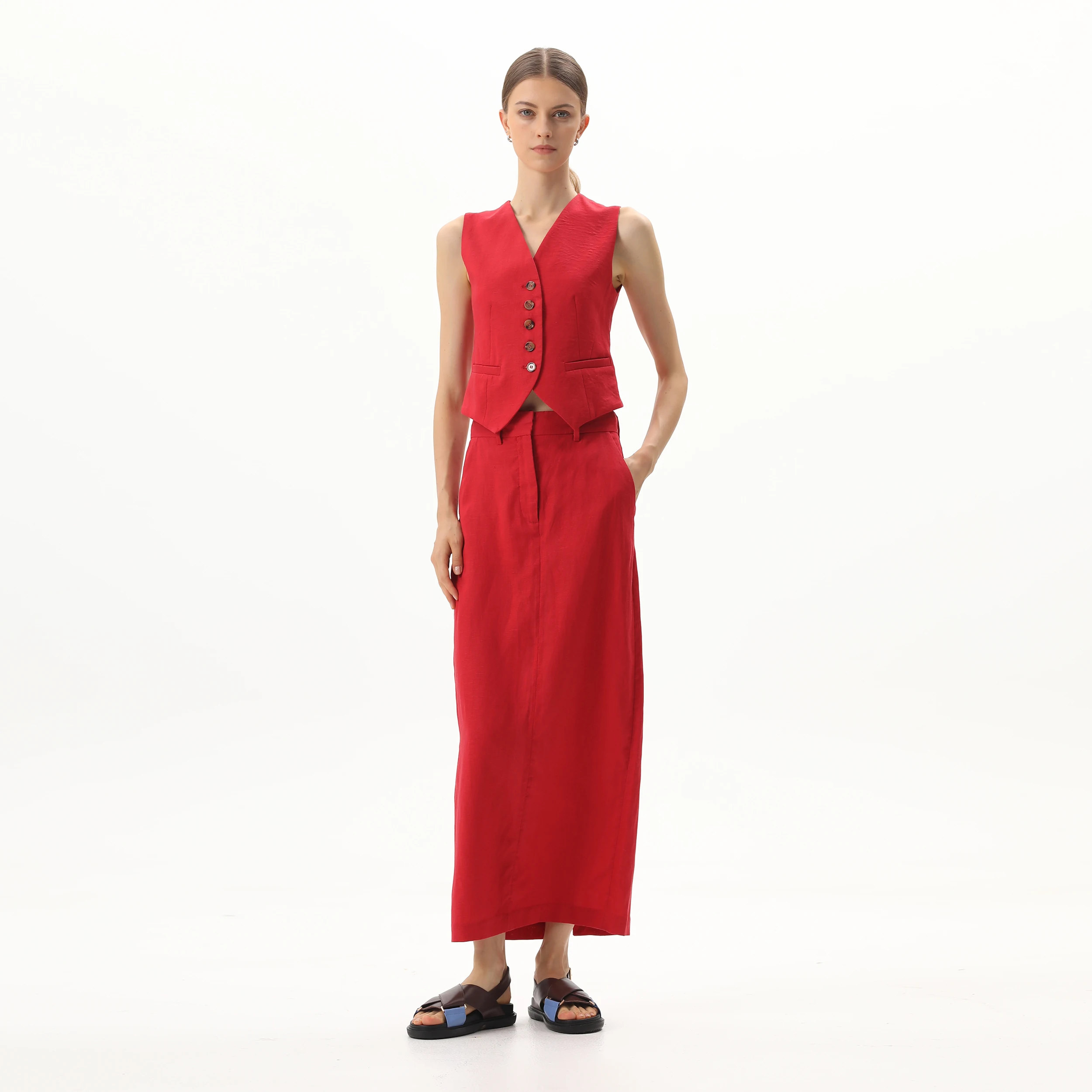 SMO Red Skirt Women Spring Summer Causal Maxi Soft Straight Skirts Linen Skirt Red Long With Zipper Pocket