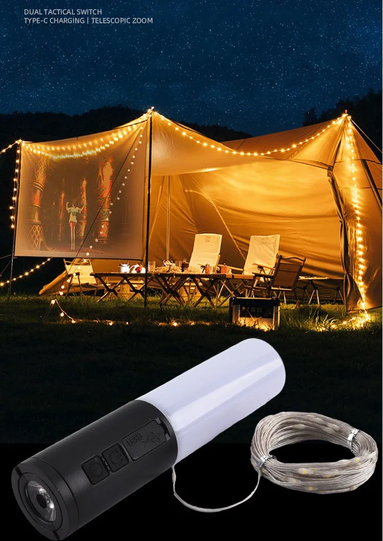 2024 Multi Functions Home and Camp 10 Meters Atmosphere Lamp LED Camping Lantern with String 2 in 1 Rechargeable Light