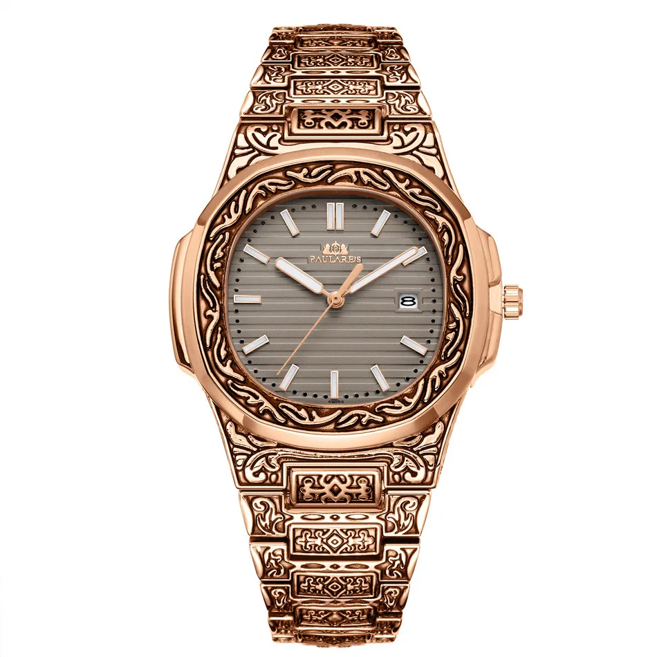 Paulareis Men  Luxury Watch Antique Vintage Luminous  Silver Gradient Blue Grey Fashion Quartz Watches
