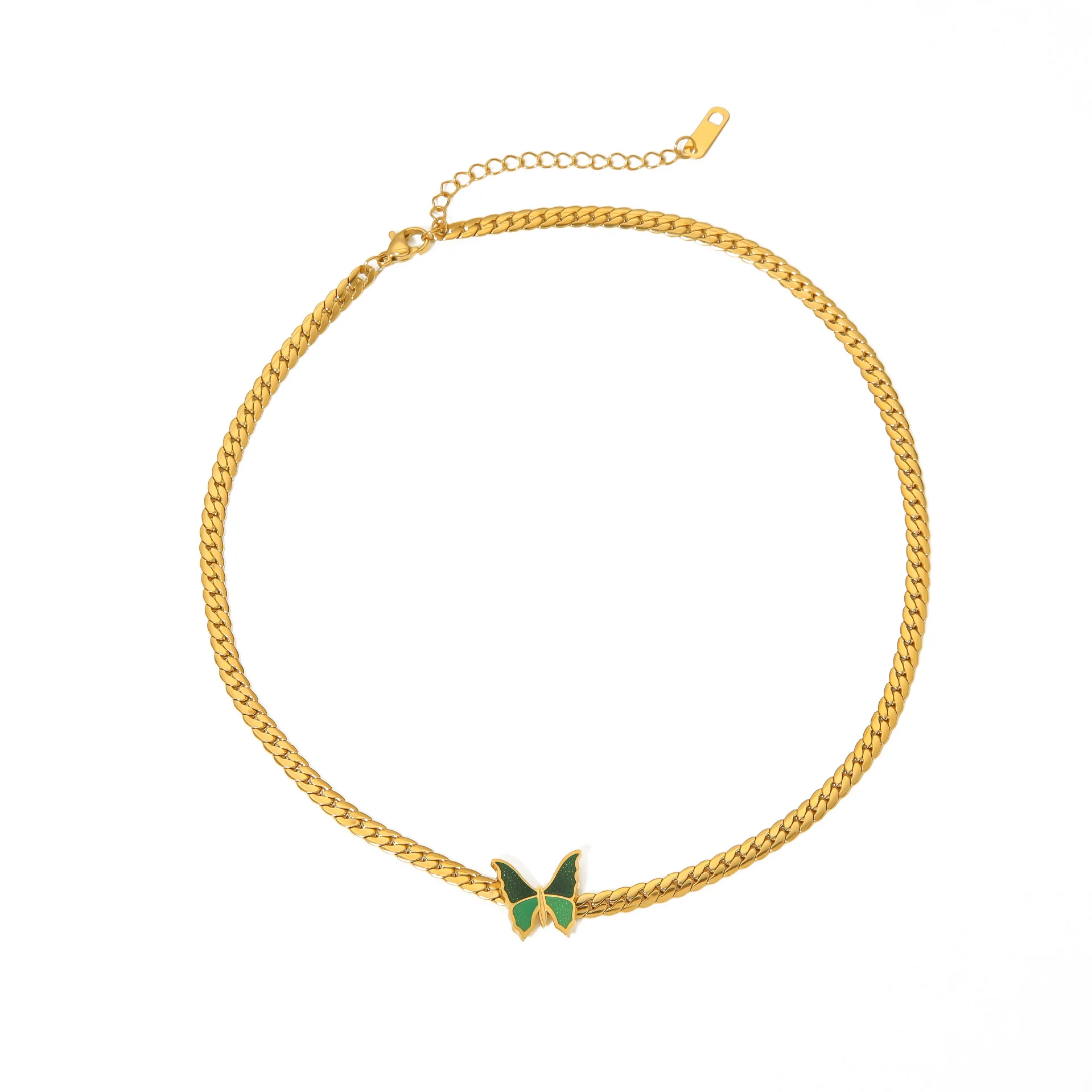 Hongtong B2-129 Retro Style Green Butterfly Neck Chain Stainless Steel Plated 18k Gold Necklace Collarbone Chain For Women