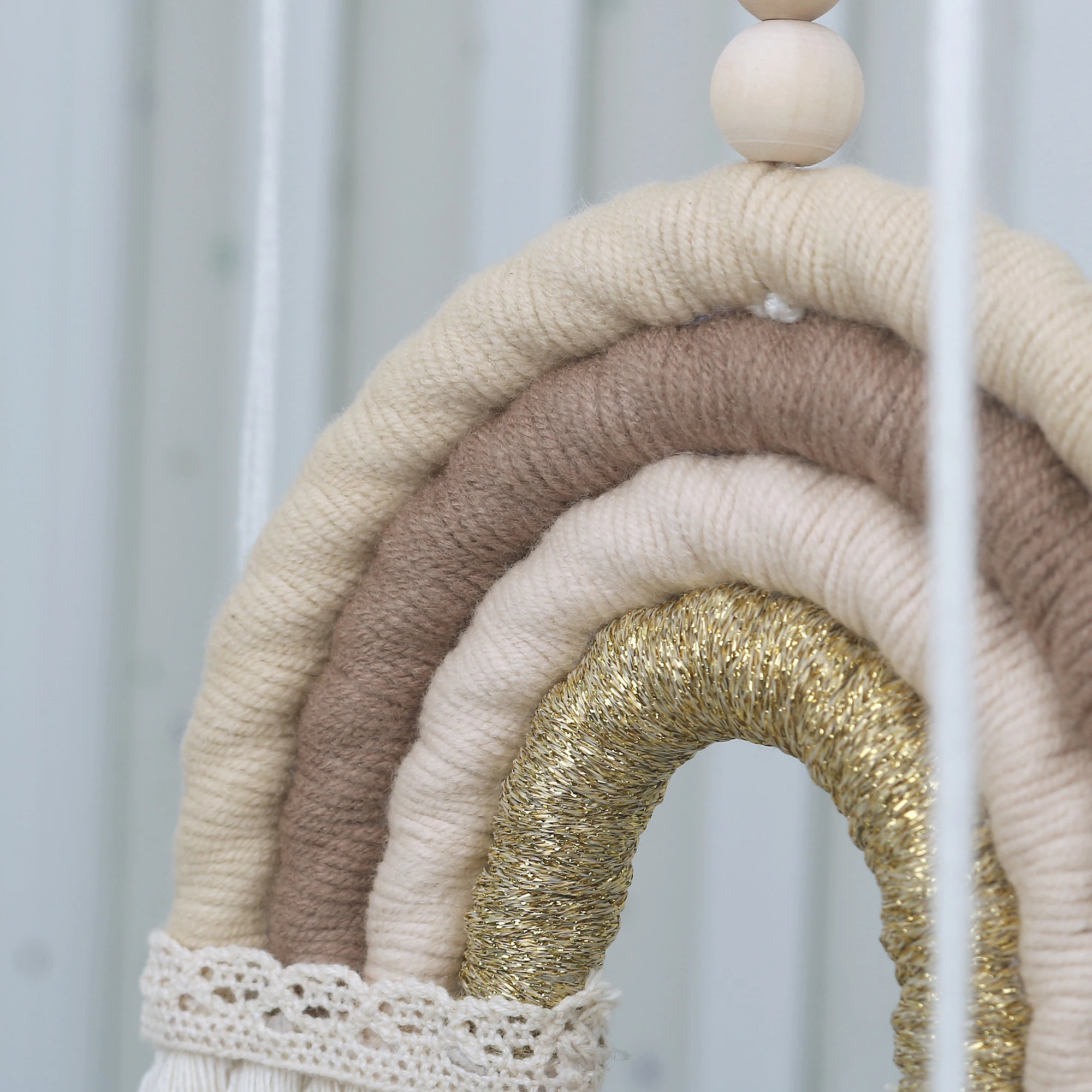 Handmade Woven Rainbow Wooden Multi Color Safe Baby Toy Ornaments Crib Pendant With Tassel For Baby Bed Decoration