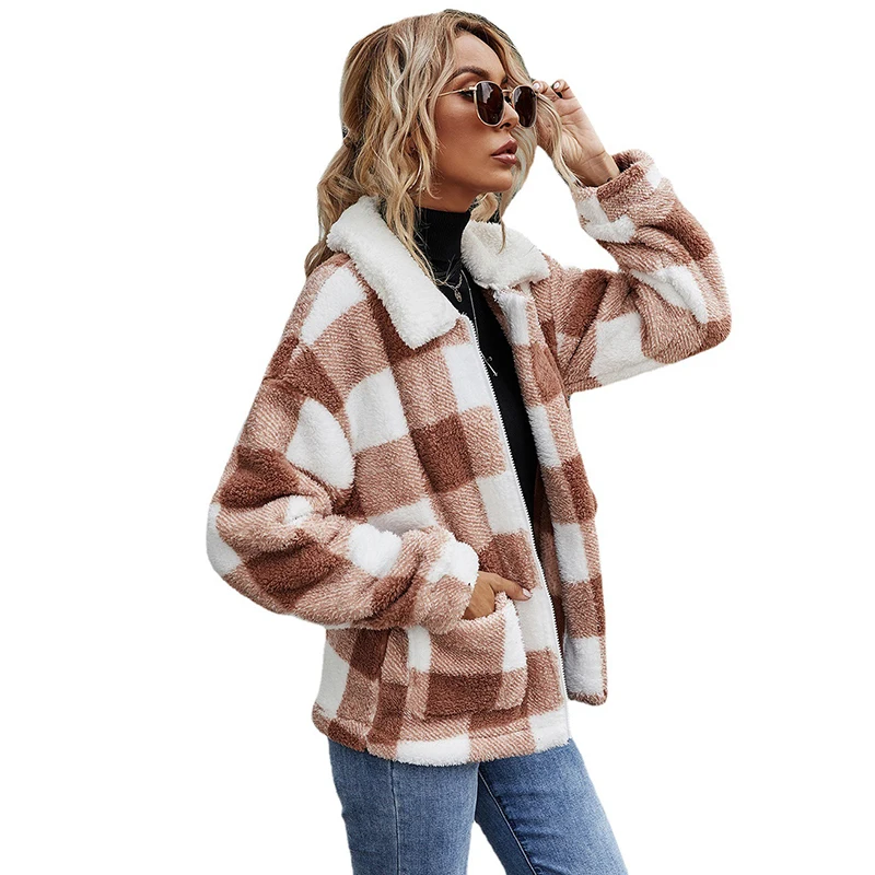 2022 Custom Autumn Women Casual Lapel Button Down Plaid Fleece Coat Tartan Shacket Women Fleece Jackets