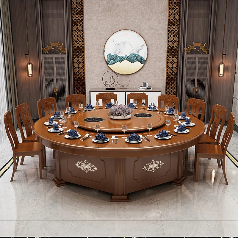 Hotel Electric Dining Table Large round Table 20 People Solid Wood Restaurant Club Hot Pot Table
