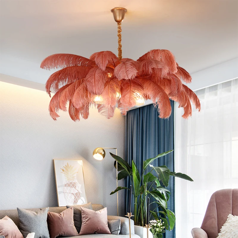 Fashionable All Copper Ostrich Feather Lamp Hanging Light Chandelier Real Feather LED Lamp with G9 Bulb for Bedroom Decoration