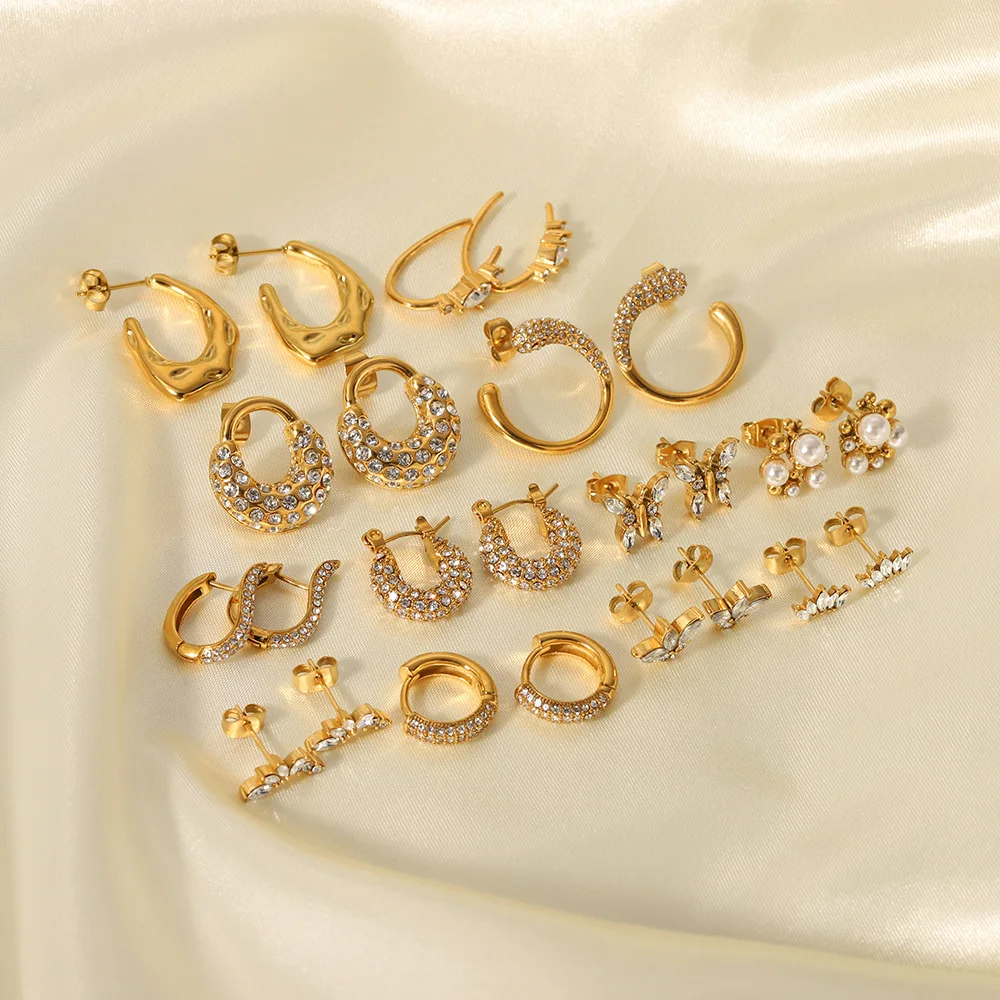 Zircon Statement Waterproof 18K Gold Plated Non Tarnish Free Stainless Steel Stud Hoop Fashion Jewelry Earrings for Woman 2024