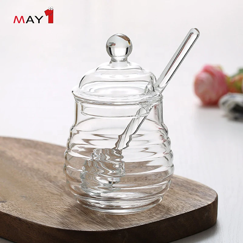Food Grade Clear Round Shape Beehive Style Borosilicate Glass Honey Jar jam jar with Dipper with Lid