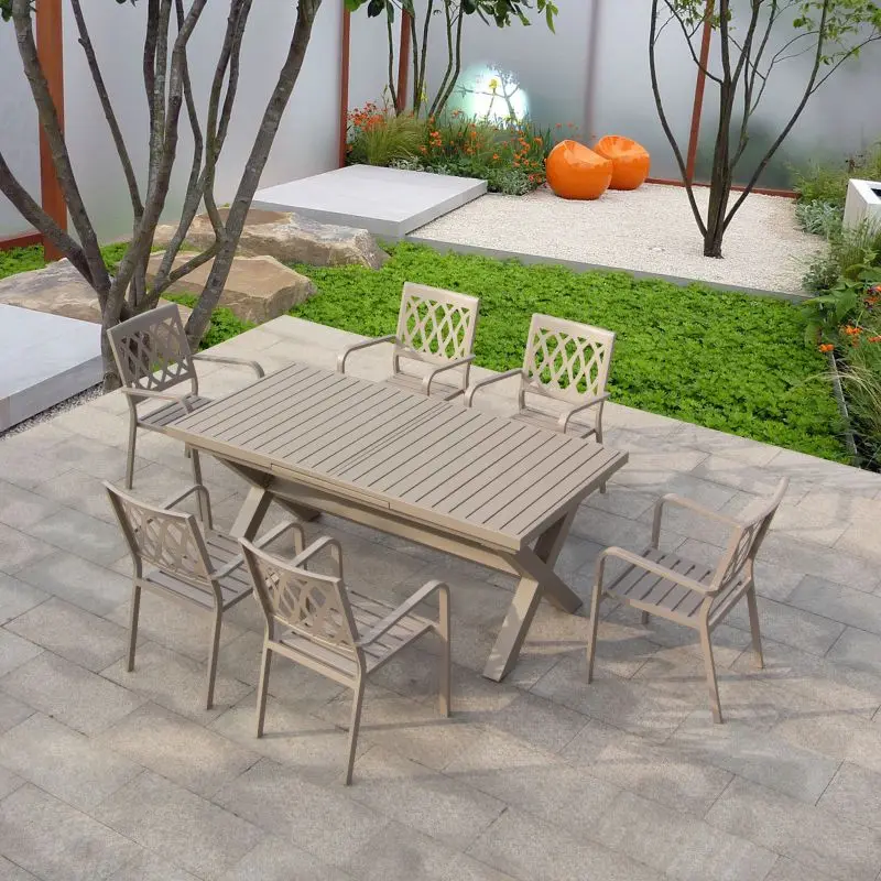Restaurant used outside aluminum 8 piece patio set furniture extendable dining table and chairs  stackable chairs outdoor