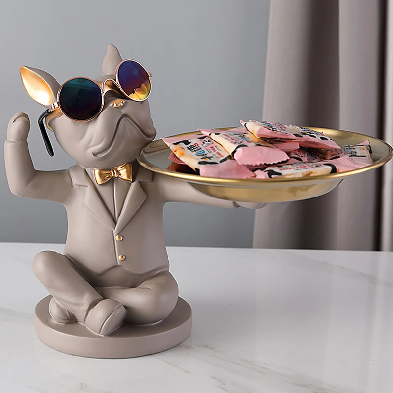 Cool Dog statue with tray French Bulldog Piggy bank Figurine Candy Fruit Plate Home Decoration Table Living Room Decor Money Box