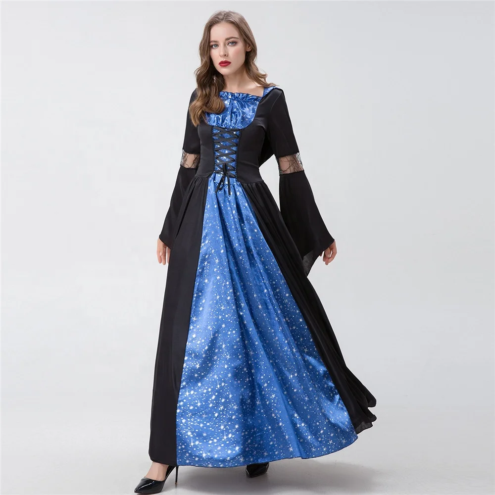 New Women Spring Autumn Halloween Girls Cosplay Witch Nightclub Queen Long Dress Party Game Costumes Dresses With Ha