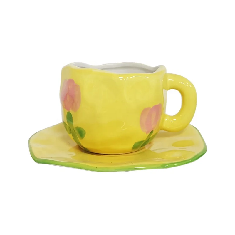 New Arrival 11 OZ Girl Cute Coffee Cup Saucer Afternoon Tea Ceramic Hand-painted Striped Water Cup Vintage Saucer