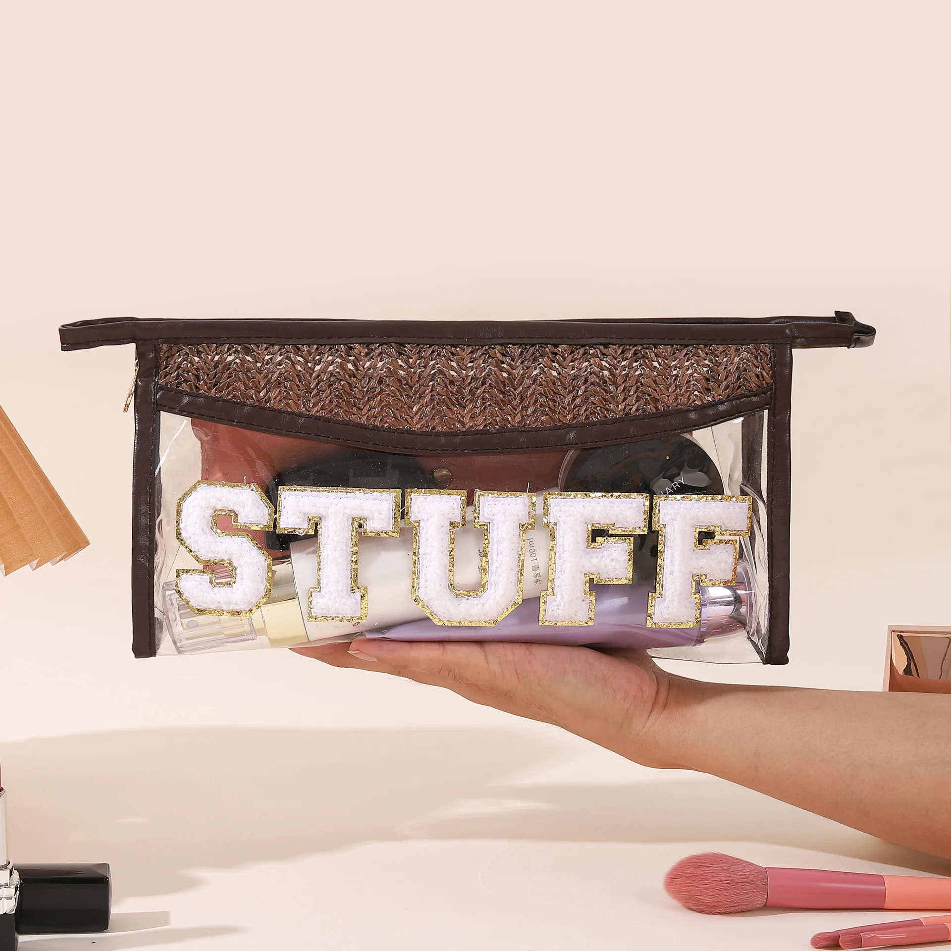 New Arrive Transparent PVC Makeup Bag With  Embroidery Letter Patch Girls Straw Plaited Article Clear Personality Cosmetic Bag