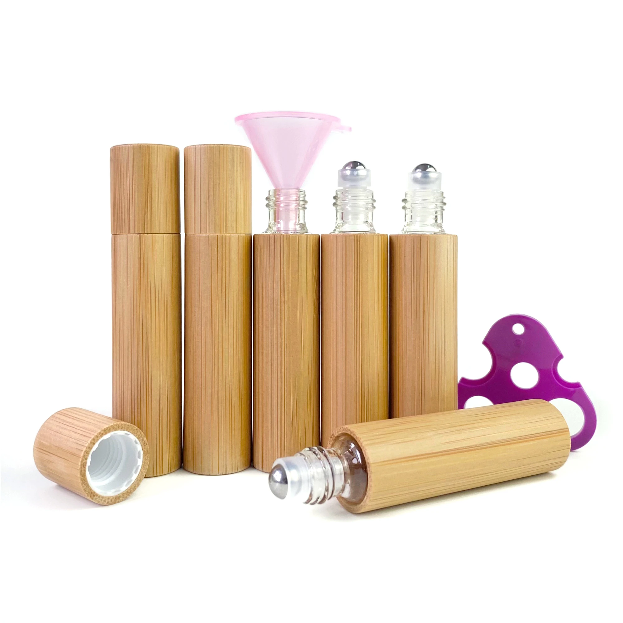Lanjing 10ml Clear Glass Roll-on Bottle with Bamboo Shell Roller and Stainless Steel Ball for Essential Oils