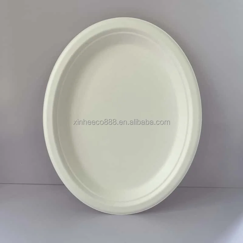 Disposable Sugarcane Bagasse Printed Oval Dinner Plate and Dishes Custom Logo Printing for Party Tableware or Food Packaging