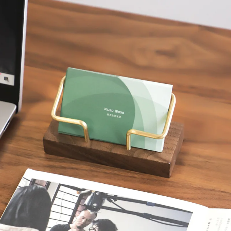 Walnut Brass Business Card Holder Wooden Clip Metal Frame Solid Wood Card Holder Signature Box