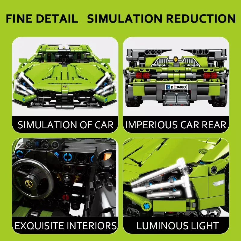 HW Toys 1475PCS Rc Radio Electric Big Bull Green Sports Car Model Remote Control Building Blocks Techinc Bricks Sets For Kids