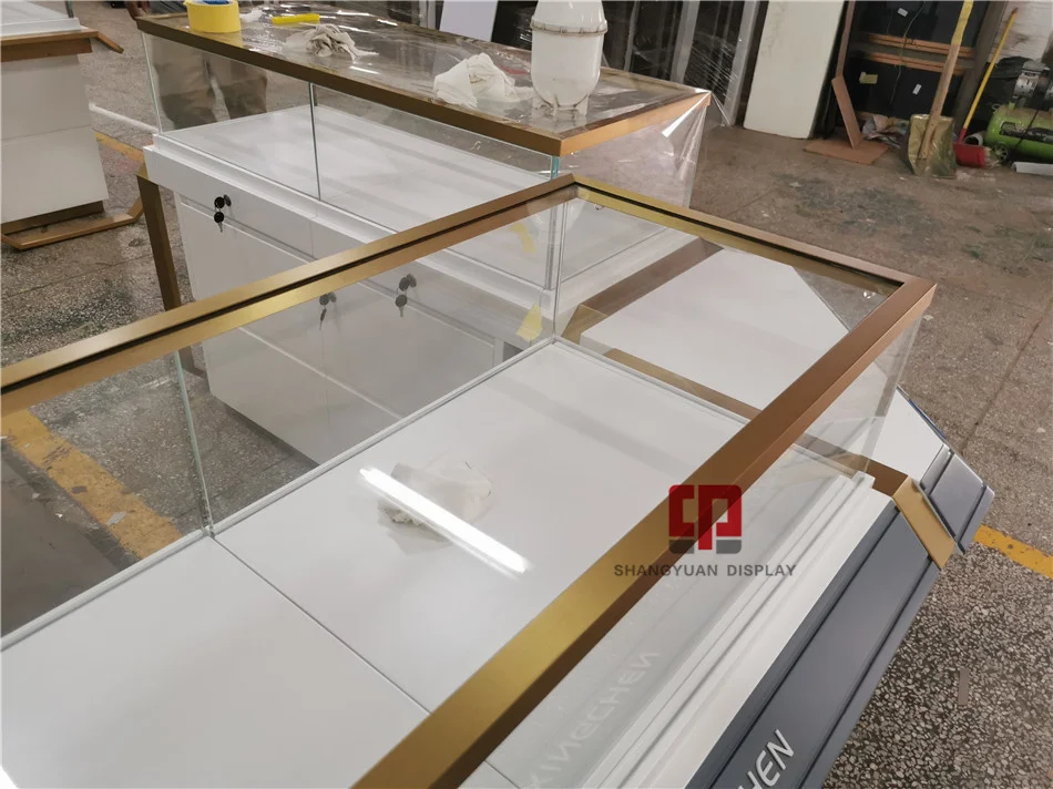 Customized wooden glass display cabinet gold jewelry kiosk paint showcase manufacturer jewelry display counter furniture