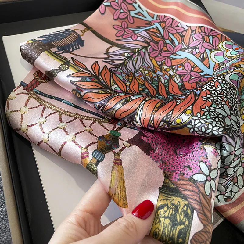 French elegant small floral silk scarf Oil painting floral print 70 mulberry silk small square scarf with decorative