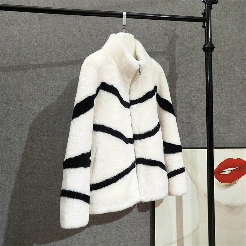 JT322 Stripe Design 100% Real Wool Fur Women Oversize Jacket Female Sheep Shearling Overcoat