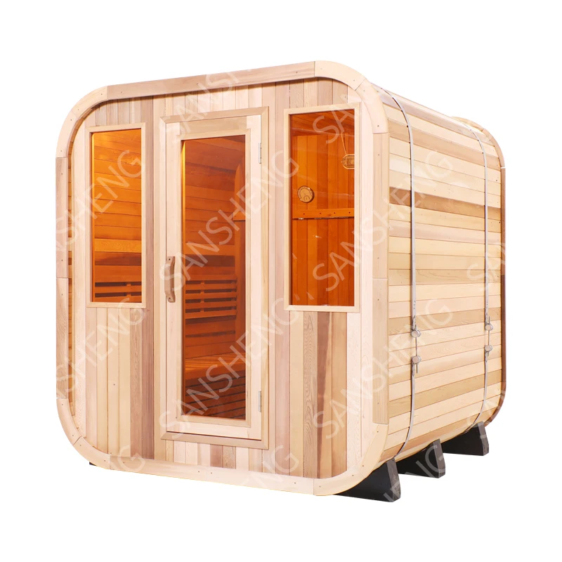 Optional Size Thermowood Spa Tubs Outdoor Square Cube Sauna Rooms with Asphalt Shingle Roofs