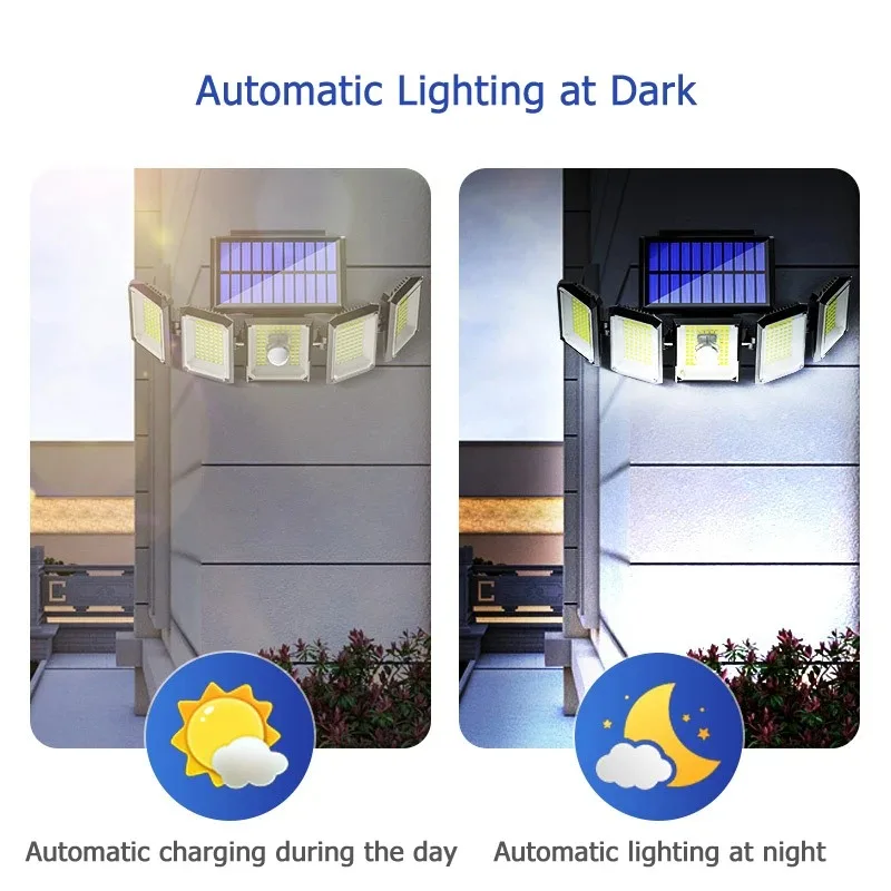 Outdoor Solar Lights 5 Adjustable Heads 300 LED Motion Sensor Lights Cordless Wide Lighting Coverage Spotlight IP65 Waterproof