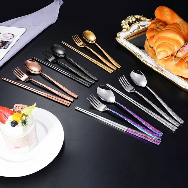 Modern Spoon Fork Chopsticks Restaurant Hotel Flatware Set Stainless Steel Copper Silverware Golden Hammered Cutlery