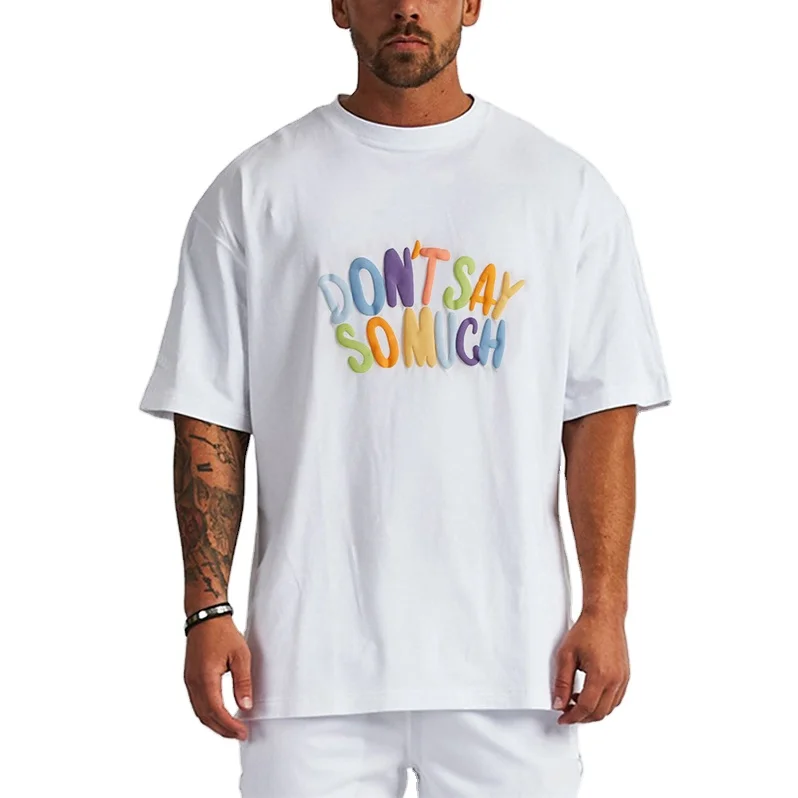 Wholesale custom men oversized blank heavyweight tshirt custom silk screen print embossed embroidered thick t shirt