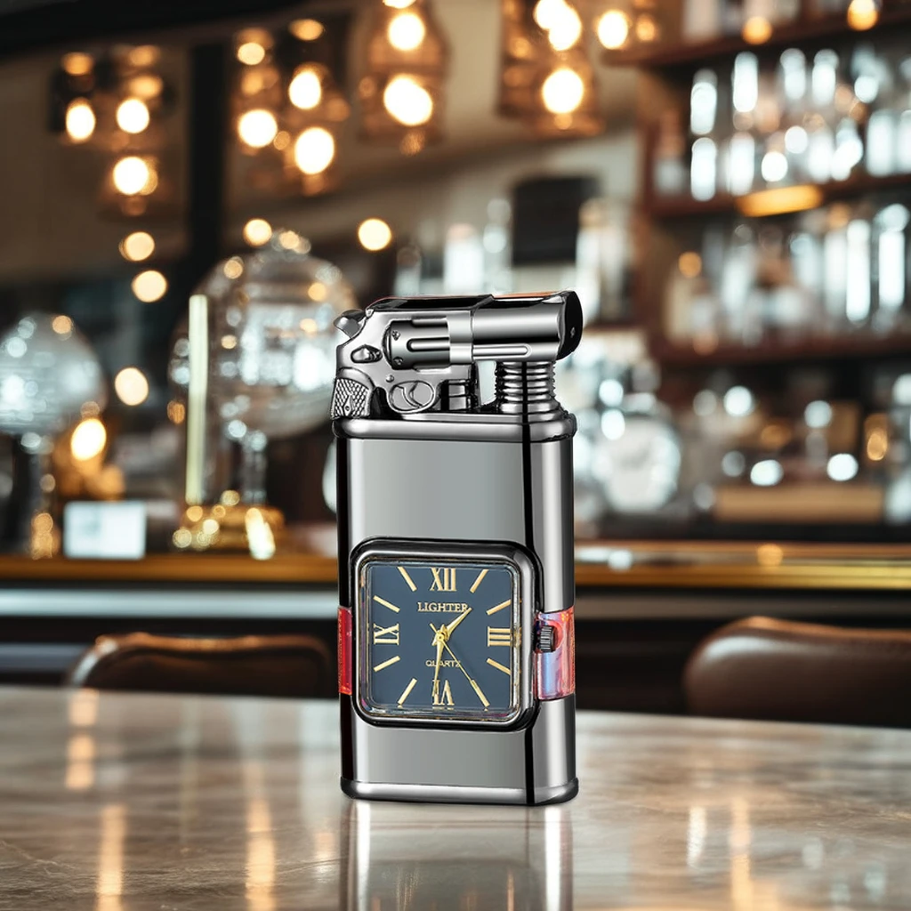 Custom Logo Dual Flame Gun Torch Lighter Creative USB Style Metal Watch with Transparent Gas Tank