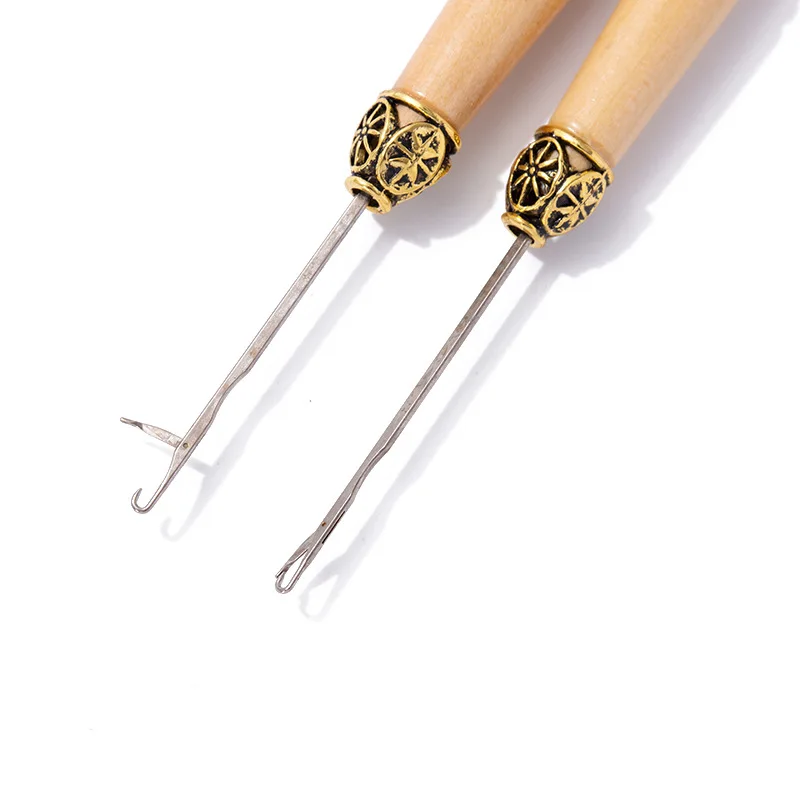 Wooden Handle Hair Extension Weaving Crochet Hook Needle Tools Lace Wig Micro Ring Loop Hook Needle