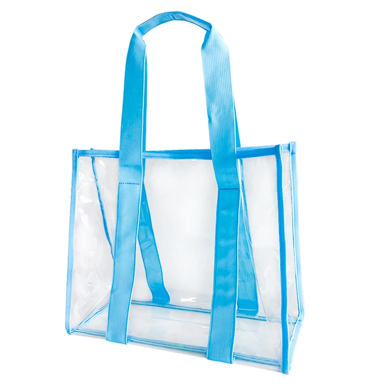 Wholesale transparent plastic beach bag pvc white clear cosmetic luggage travel bag with blue Handle