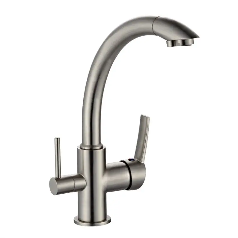 High Quality Brass Long Neck 3 Way Brushed Nickel Tri-flow Kitchen Faucet