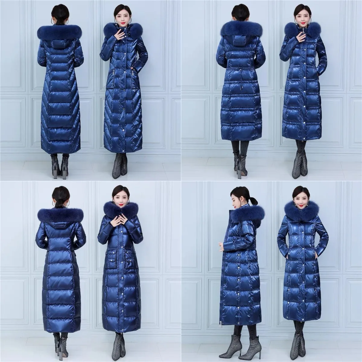 Wholesale 2024 new foreign trade down jacket print female long over knee to ankle extra long thick big hair collar big size