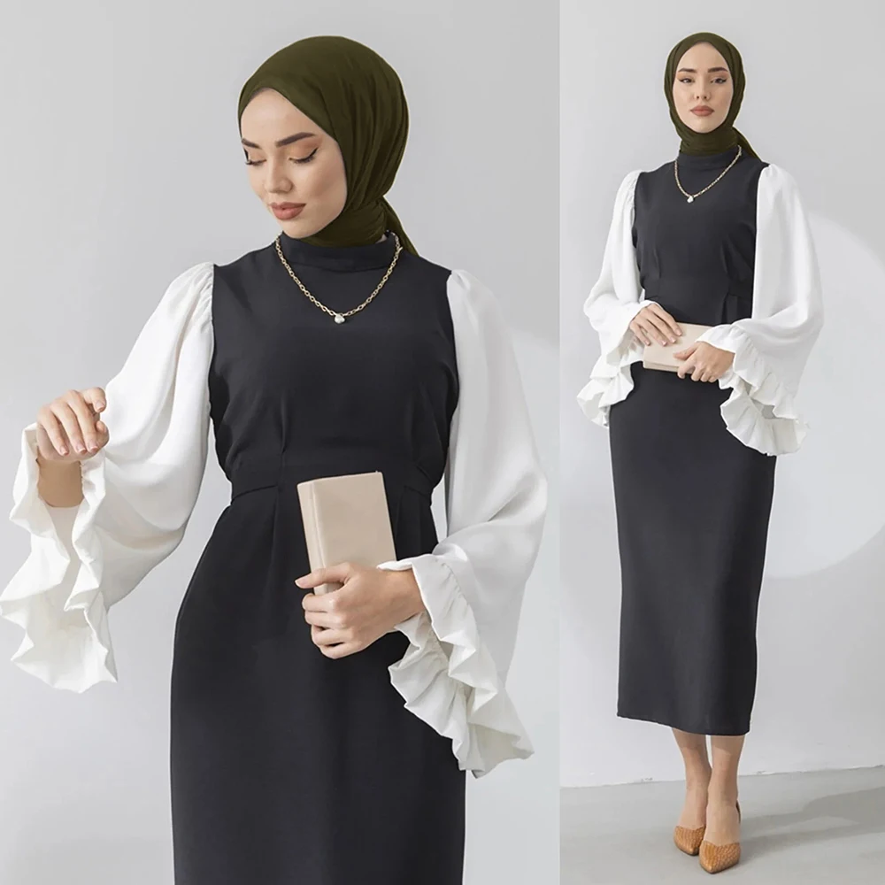 Middle East Turkish Islamic Muslim Women Dress Loose Trumpet Sleeves Solid Color Modest Dress Slim Casual Muslim Dress for women