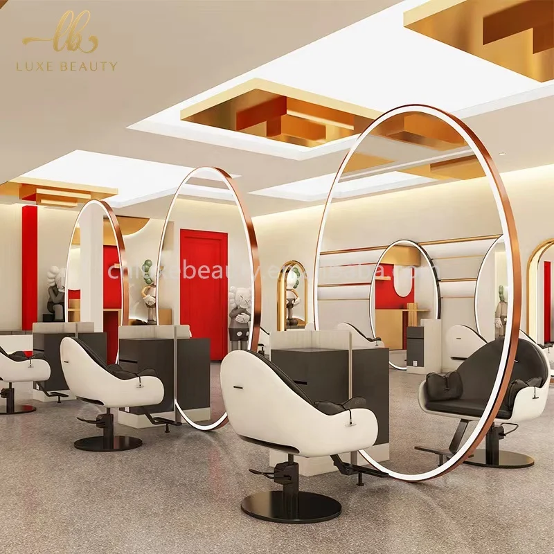 Floor Luxury Light LED Mirror Cabinet Hair Furniture Barber Station Hair Salon Furniture Set Double Sided Barber Mirror