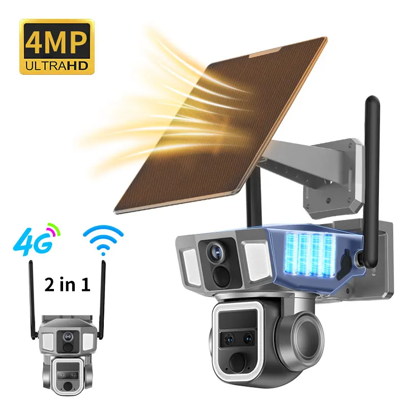 WIFI/4G dual-compatible solar powered camera Outdoor solar camera Solar Three Lens Y7A 4MP Linkage Camera Dual-Compatible
