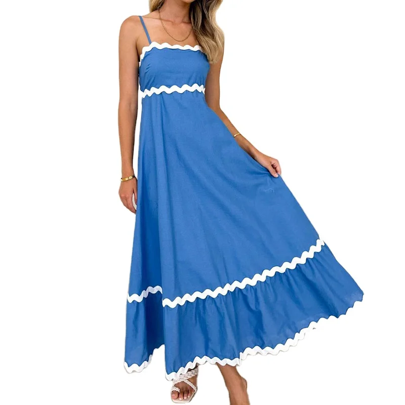 Latest Chic Design Plain Color Zig Zag Apparel Summer Women Casual Elegant Maxi Slip Dresses