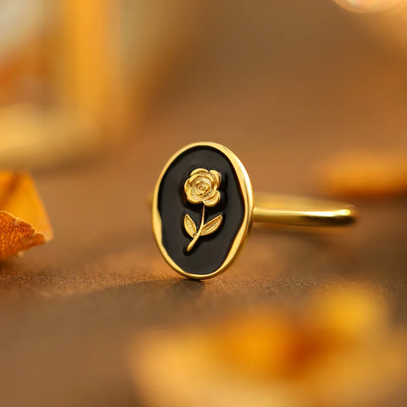 French Premium Black Drip Glaze Rose Ring S925 Silver Metallic Vintage Flower Ring for Women Fine Jewelry Rings
