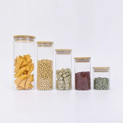 Wholesale round glass jars bamboo lid glass Food canisters used for Nuts Spice Candy Tea