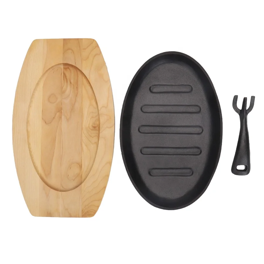 Hot Sale Oval Shape Cast Iron Sizzling Pan Flat Bottom Steak Fish Frying Pan Fajita Plate Skillet with Wooden Base