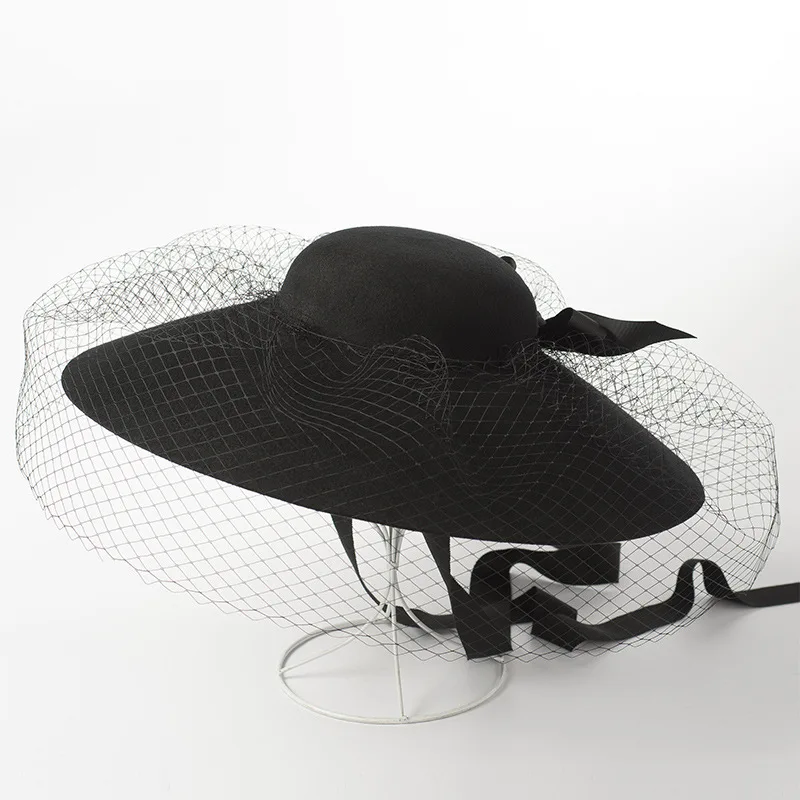 black Womens Wool Felt Floral Veil Netting Feather Wide Brim Derby Hat
