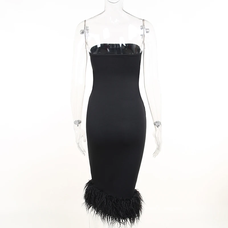 2023 Sexy Elegant Ostrich Feather Trim Black Strapless Bandage Bodycon Midi Dresses For Women