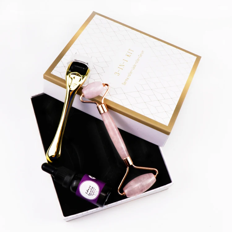 Micro Needles 0.5 mm Derma Roller Microneedling Kit For Skin Care Set Rose Quartz Jade Roller & Serum