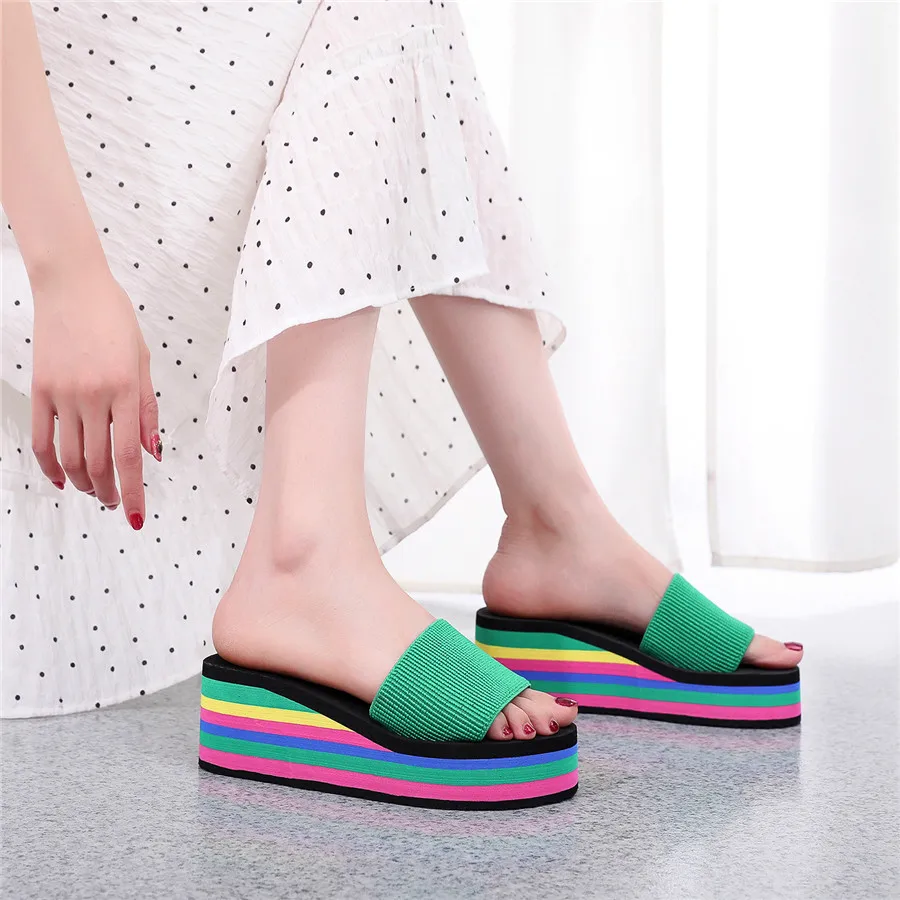 Slippers for women  one line flip flops for women herringbone flip flops for women summer rainbow   high heel thick sole sandals